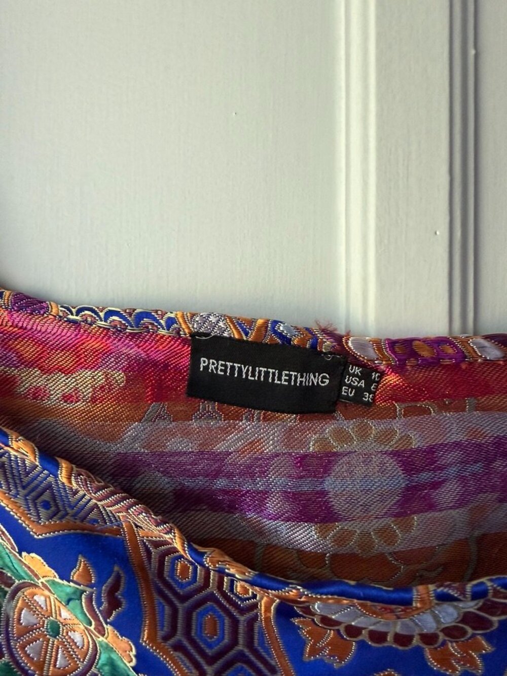 PrettyLittleThing Multi Jacquard Oriental Square Neck Bodycon Dress Size 6 - Picture 3 of 4